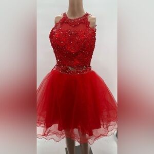 A-line High Neck Tulle Short/Mini Sequins Short Prom Dresses